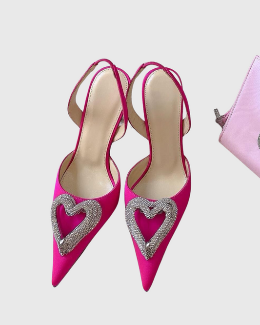 Ambra Crystal Heart Strap Pumps In Hot Pink