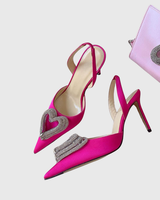 Ambra Crystal Heart Strap Pumps In Hot Pink