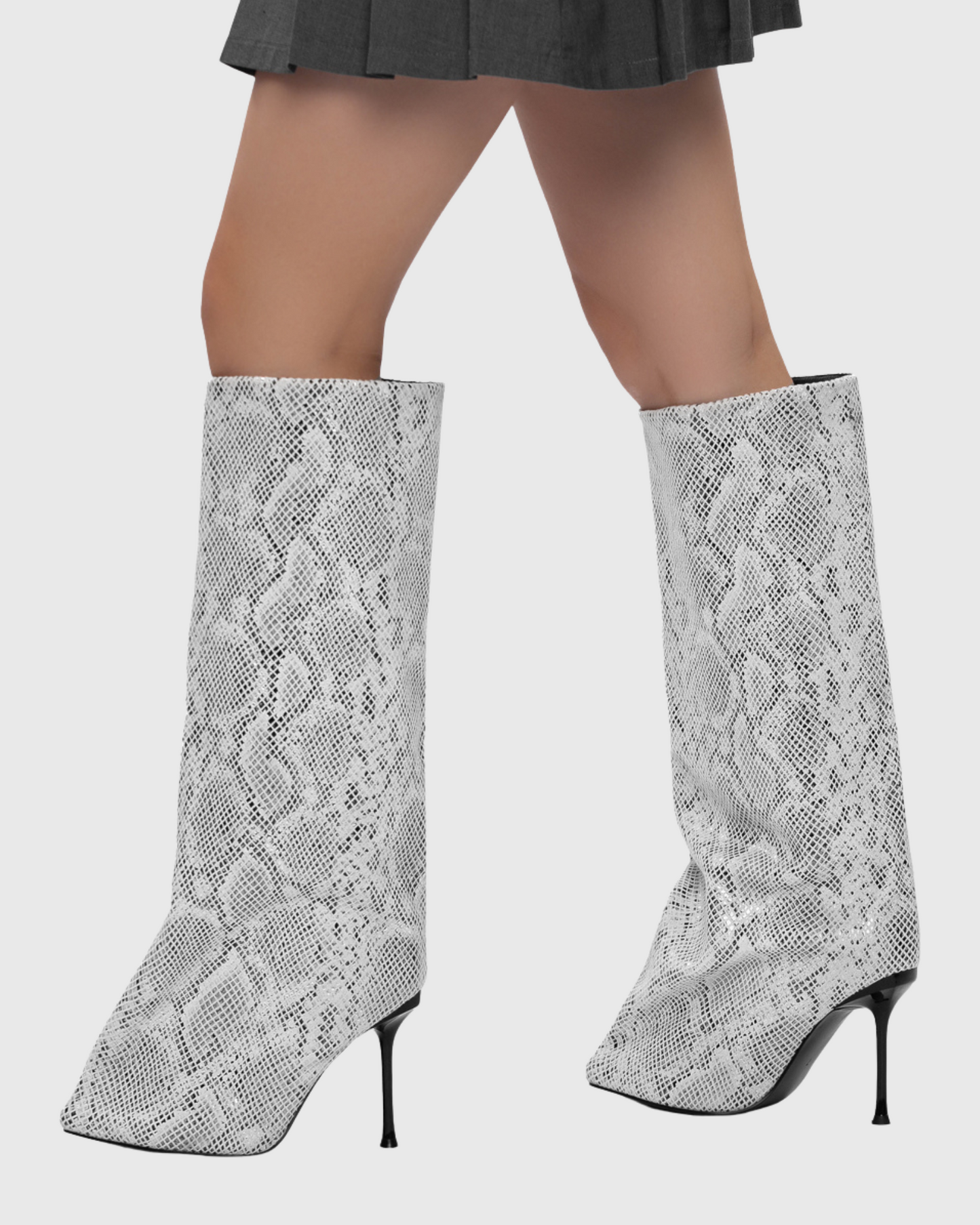 Angiola Slash Flare Knee High Boots In Snake