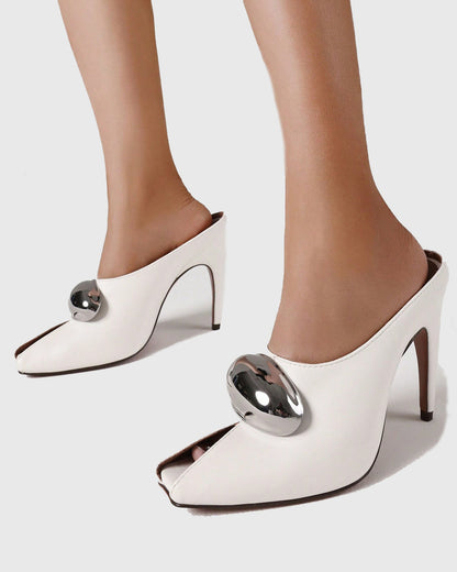 Aria Hardware Buckle Leather Mules In White