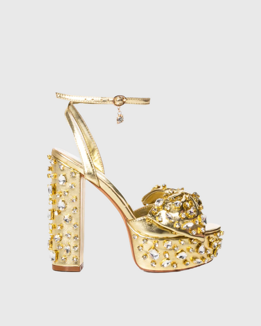 Armida Bow Rhinestone Platform Sandals In Gold