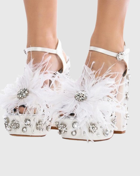 Armida Feather Strap Platform Sandals In White
