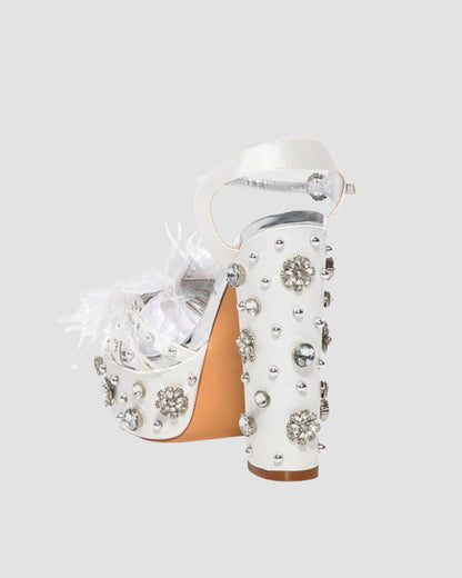 Armida Feather Strap Platform Sandals In White