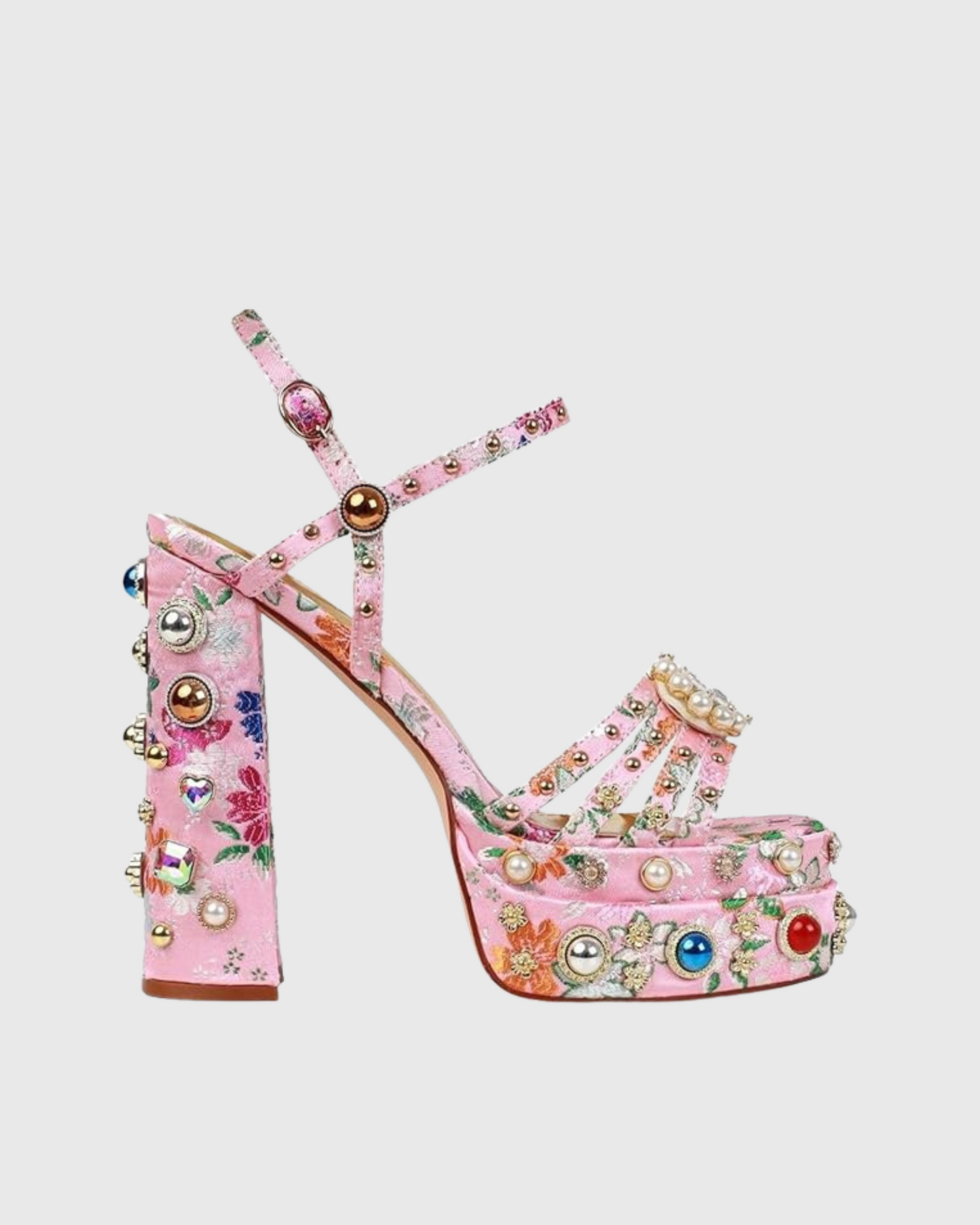Armida Vintage Diamond Embroidery Platform Sandals In Pink