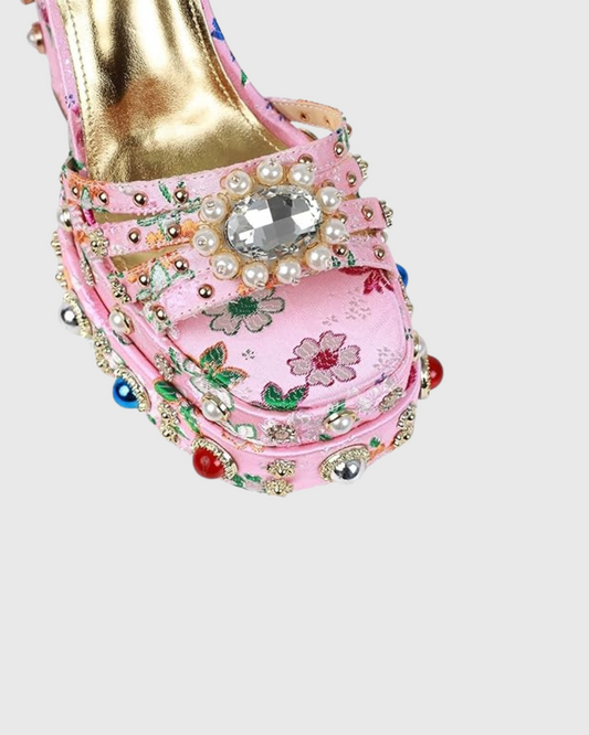 Armida Vintage Diamond Embroidery Platform Sandals In Pink