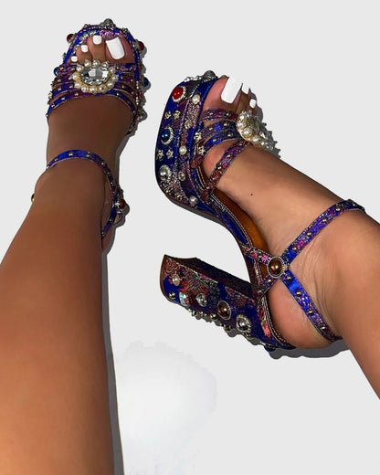 Armida Vintage Embroidery Strap Platform Sandals In Blue
