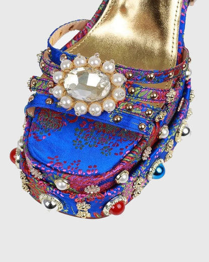 Armida Vintage Embroidery Strap Platform Sandals In Blue