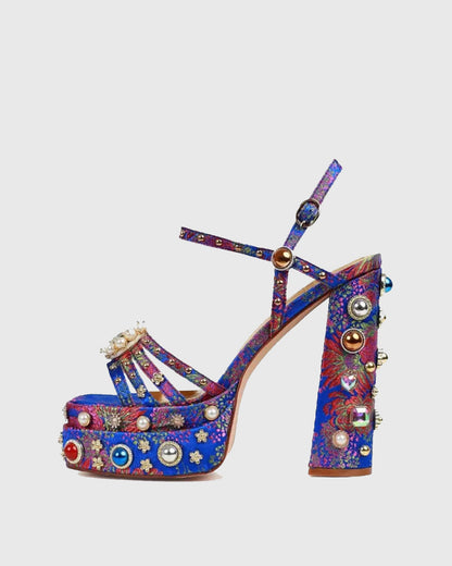Armida Vintage Embroidery Strap Platform Sandals In Blue
