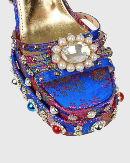 Armida Vintage Embroidery Strap Platform Sandals In Blue