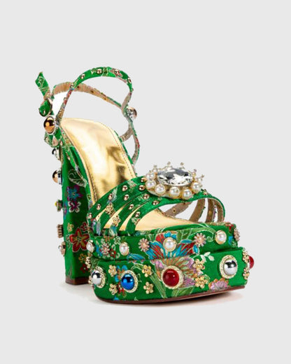 Armida Vintage Embroidery Strap Platform Sandals In Green