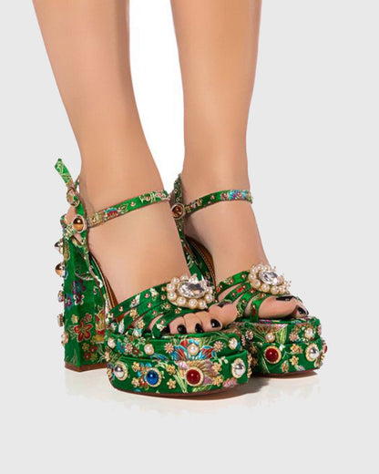 Armida Vintage Embroidery Strap Platform Sandals In Green