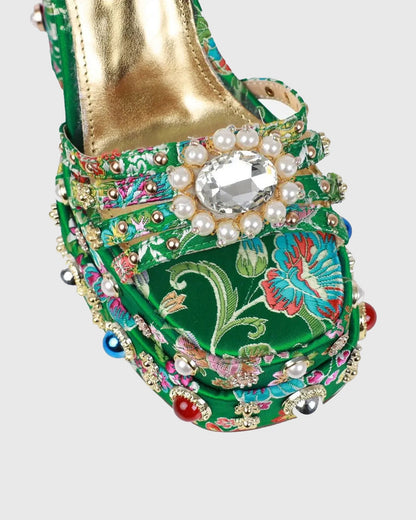 Armida Vintage Embroidery Strap Platform Sandals In Green