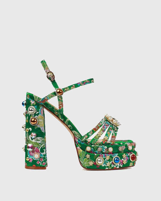 Armida Vintage Embroidery Strap Platform Sandals In Green