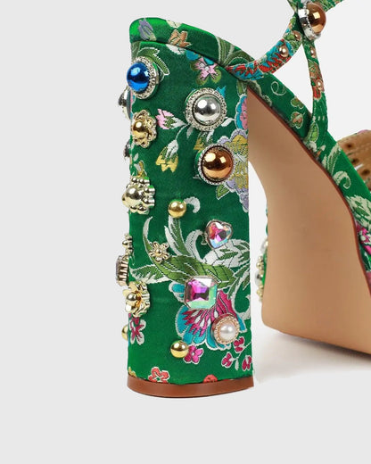 Armida Vintage Embroidery Strap Platform Sandals In Green