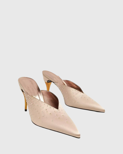 Asher Rhinestone Satin Mules In Beige