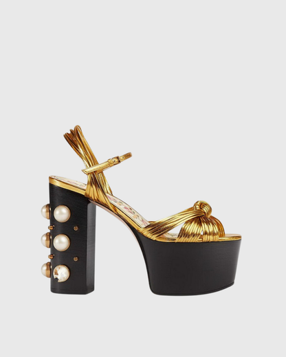 Asia Woven Leather Pearl Platform Sandals