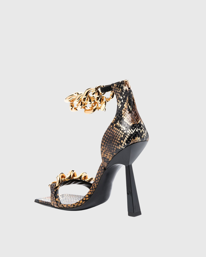 Aubrie Snake Print Chain Strap Sandals In Brown