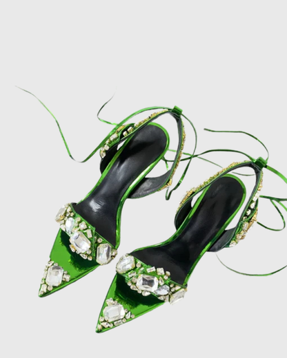 Aurora Rhinestone Lace Up Sandals In Green