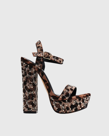 Ave Rhinestone Satin Platform Sandals In Leopard