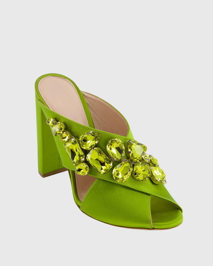 Ayden Diamond Satin Slippers In Olive