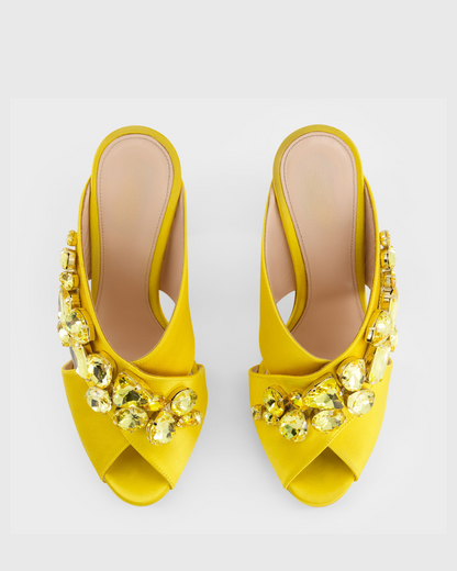 Ayden Diamond Satin Slippers In Yellow