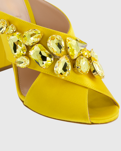 Ayden Diamond Satin Slippers In Yellow