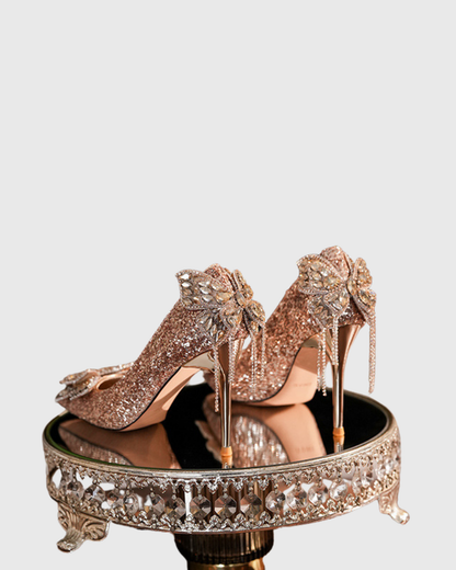 Azalea Sequin Bow Fringe Pumps In Champagne