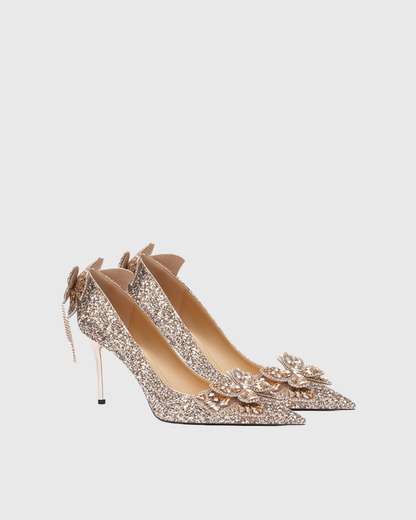 Azalea Sequin Bow Fringe Pumps In Champagne