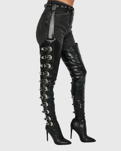Baba Buckle Cutout Belted Thigh High Boots
