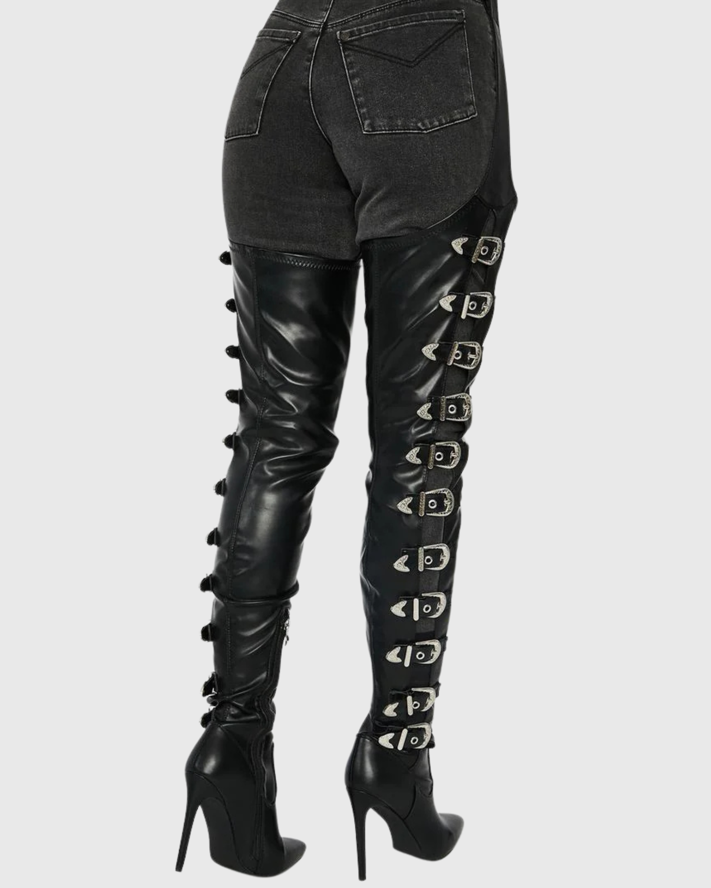 Baba Buckle Cutout Belted Thigh High Boots