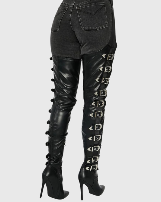 Baba Buckle Cutout Belted Thigh High Boots