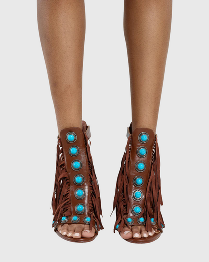 Babar Gem Embellished Fringe Heels In Brown