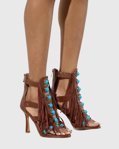 Babar Gem Embellished Fringe Heels In Brown
