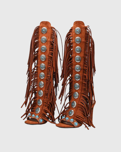 Babar Gem Embellished Fringe Lace Up Heels In Brown