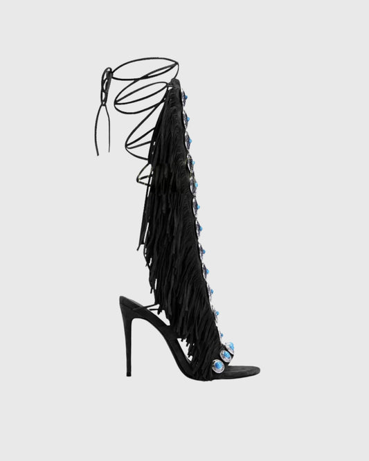 Babar Studded Fringe Lace Up Heels