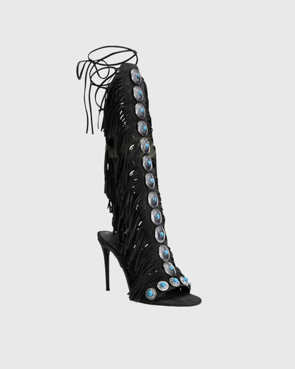 Babar Studded Fringe Lace Up Heels