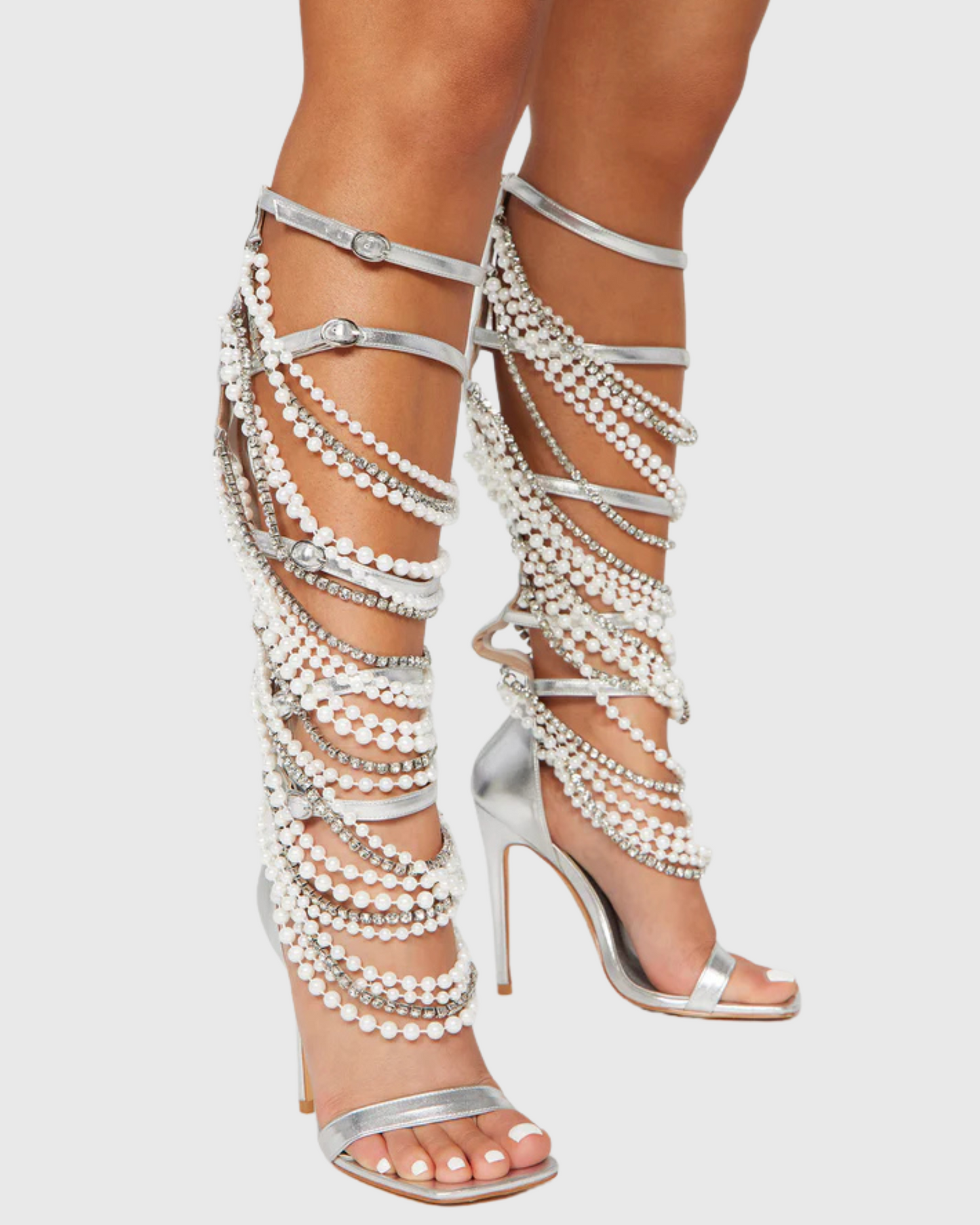 Badr Pearl Strappy Sandals In Silver