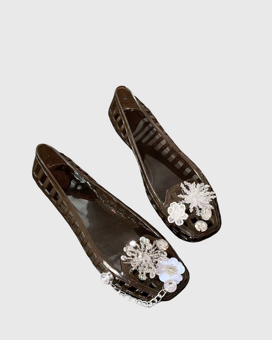 Bahia Flower Embellished Cutout Jelly Flats In Brown