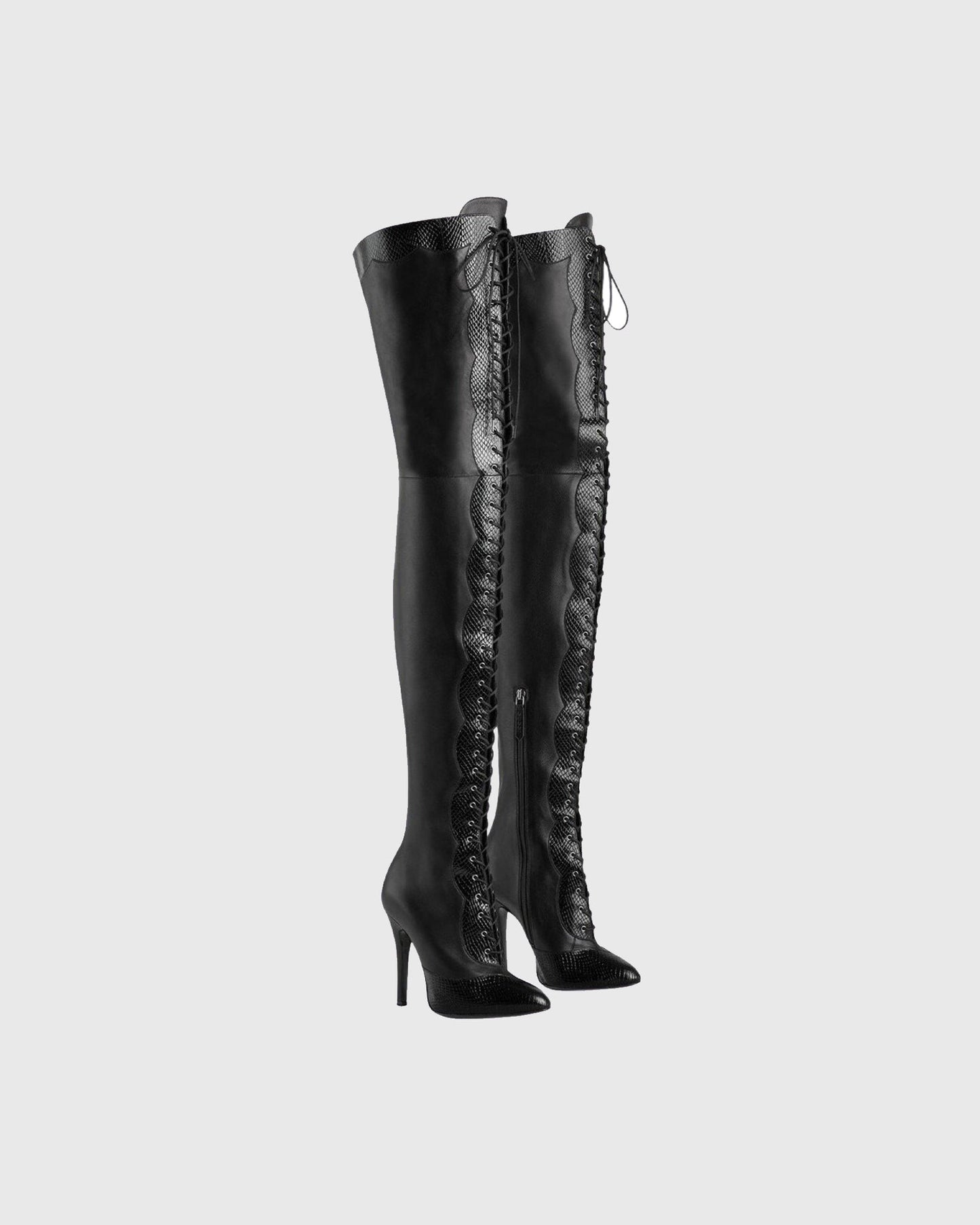 Balbina Leather Lace Up Over The Knee Boots In All Black