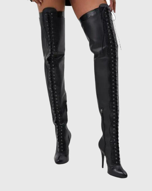 Balbina Leather Lace Up Over The Knee Boots In All Black