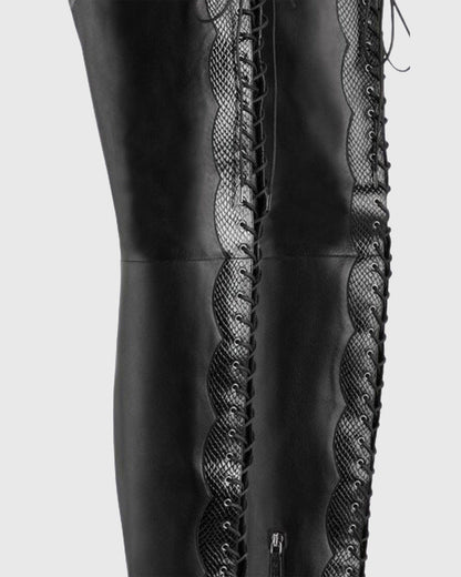Balbina Leather Lace Up Over The Knee Boots In All Black