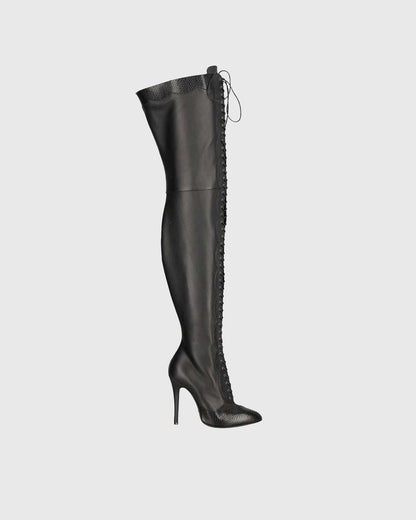 Balbina Leather Lace Up Over The Knee Boots In All Black