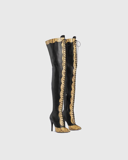 Balbina Leather Lace Up Over The Knee Boots In Black