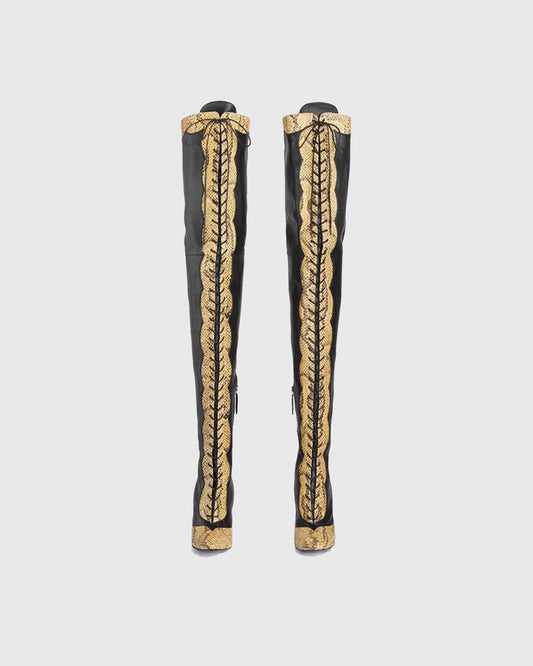 Balbina Leather Lace Up Over The Knee Boots In Black