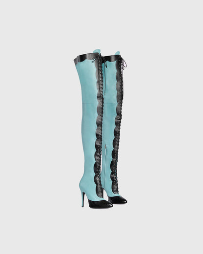 Balbina Leather Lace Up Over The Knee Boots In Sky