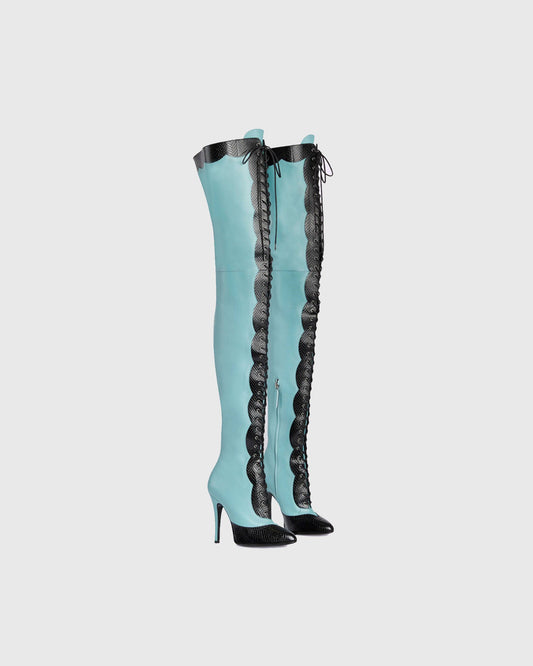 Balbina Leather Lace Up Over The Knee Boots In Sky
