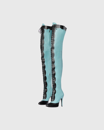 Balbina Leather Lace Up Over The Knee Boots In Sky