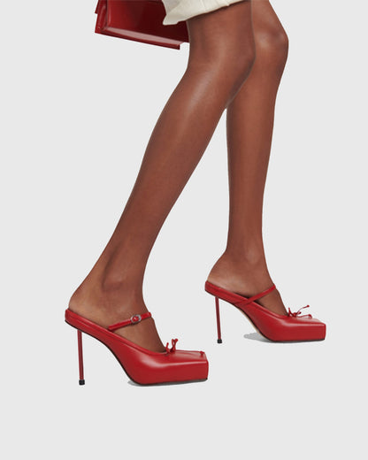 Beatrice Bow Embellished Leather Mules In Red