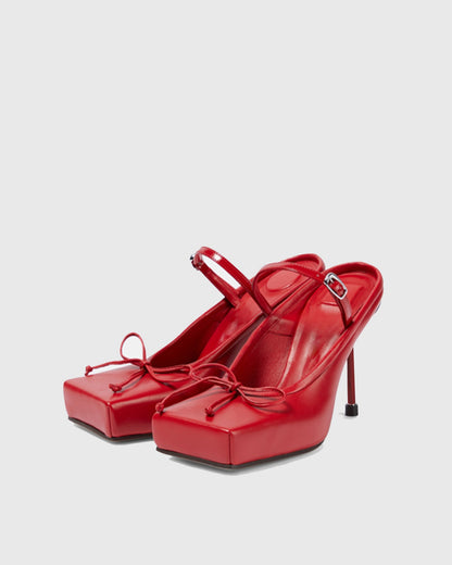 Beatrice Bow Embellished Leather Mules In Red