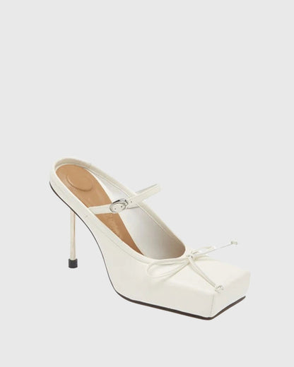 Beatrice Bow Embellished Leather Mules In White